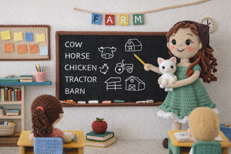 Gehäkelte Klassenzimmer-Szene zum Modul Farm