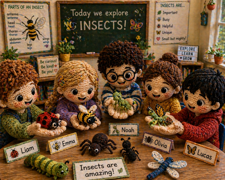 Gehäkelte Klassenzimmer-Szene zum Modul Insects